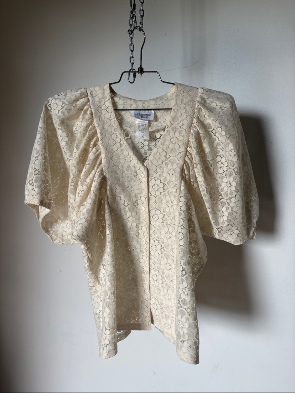 Vintage Blouse Cream Floral Lace Button Up Balloon Sleeve
